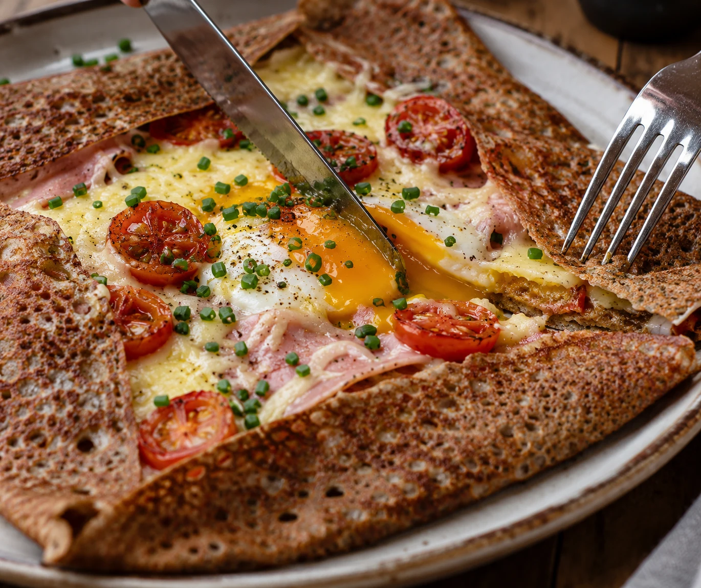 Galette garnie d’un œuf, de jambon, de fromage et de tomates cerises
