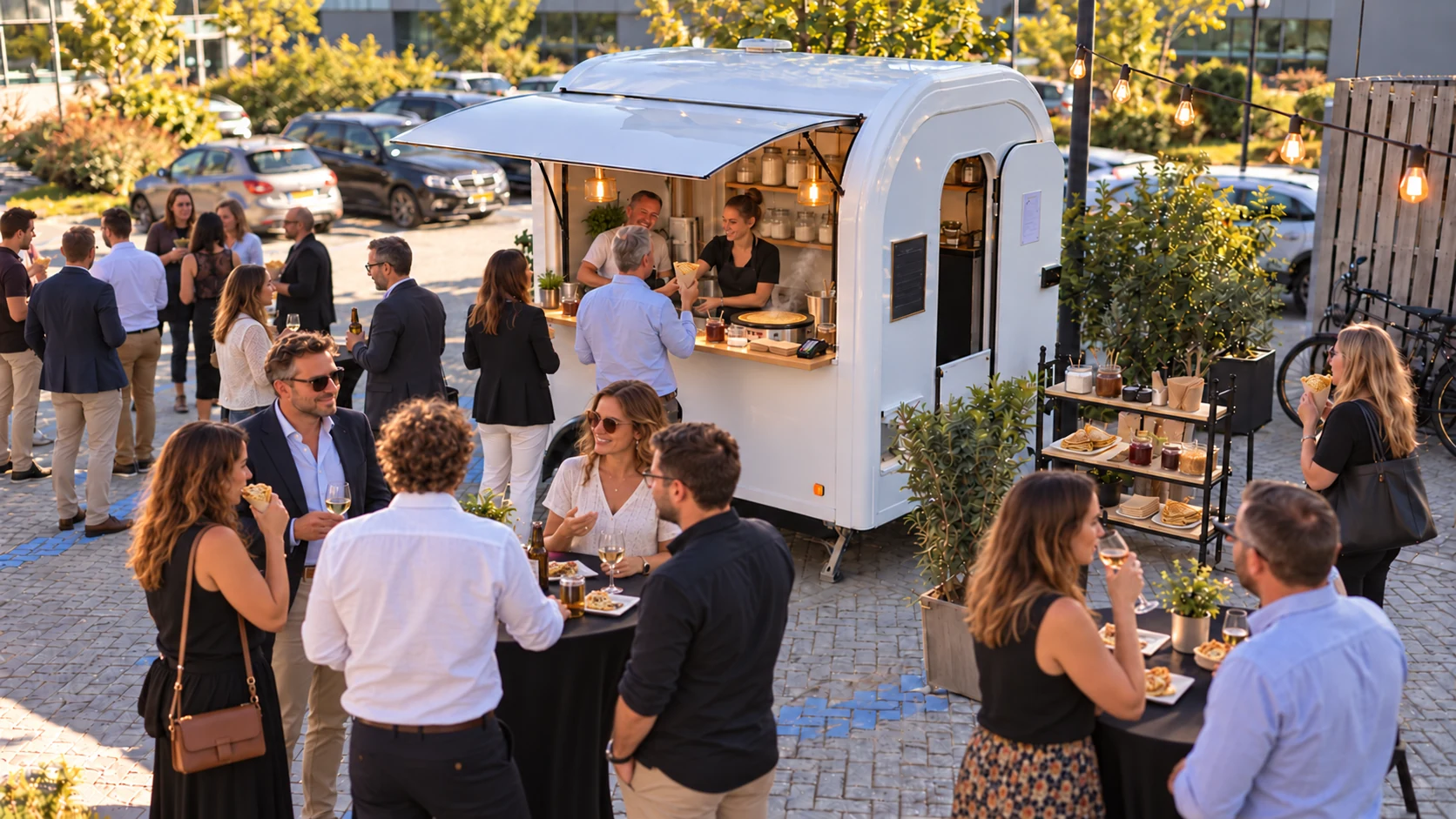L’équipe du Chill’Truck sert des crêpes aux invités depuis la remorque lors d’une réception.