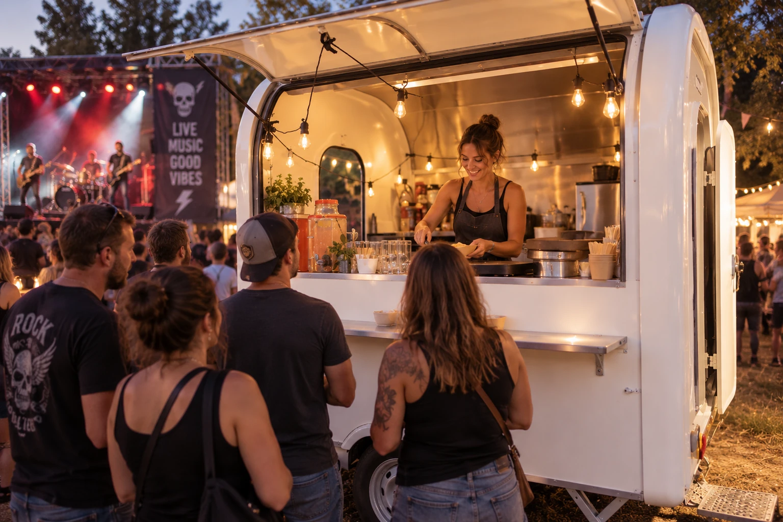 Service au comptoir d’une remorque blanche lors d’un festival de musique