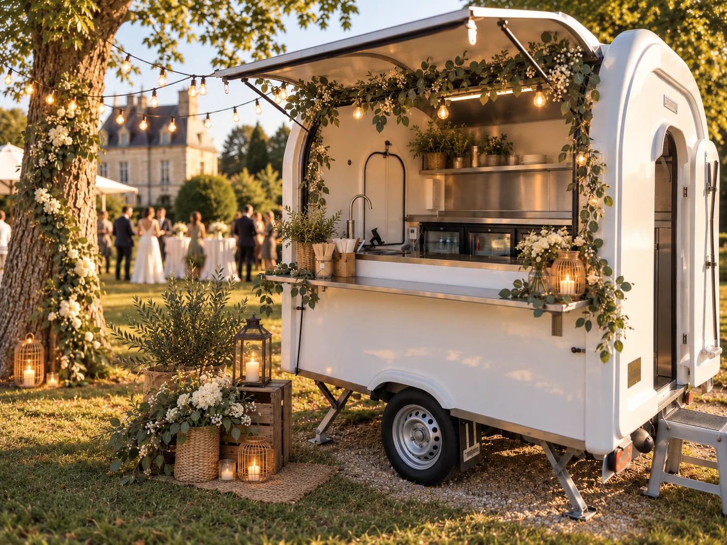 Remorque food-truck dans un décor fleuri et illuminé pour une réception en extérieur
