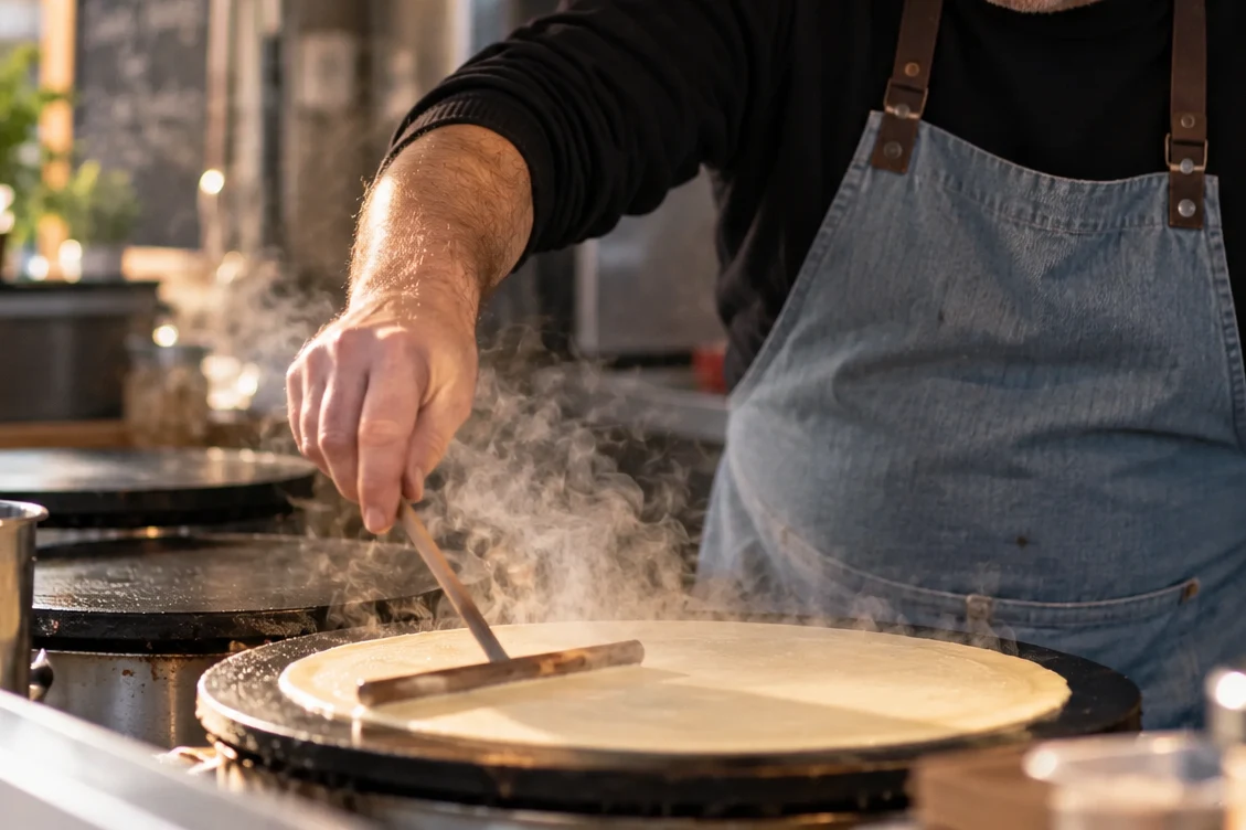 Préparation d’une crêpe sur le billig du Chill’Truck